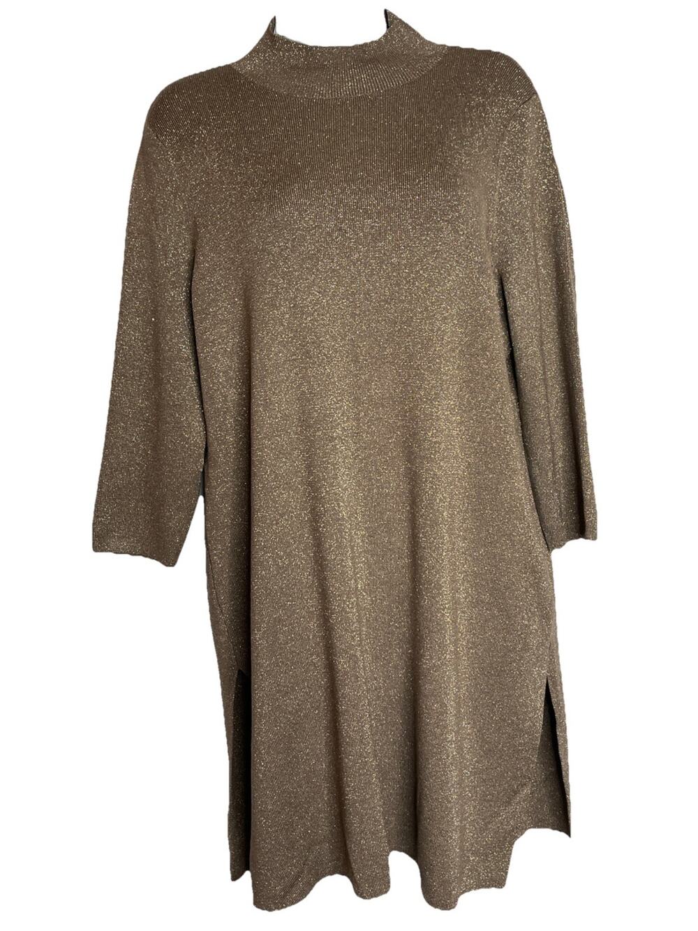 Chico’s Travelers 1 (M-8) Brown Gold Metallic Sweater Dress 3/4 Sleeve Tunic